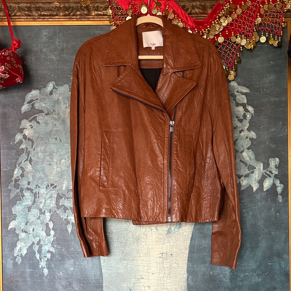 Tibi Tan Lamb Moto Style Leather Jacket